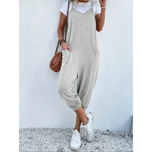Plus Size 1XL-5XL New Casual Summer Women Loose Sleeveless Strap Wide Leg Jumpsuit with Pockets Comfortable Breathable Clothing