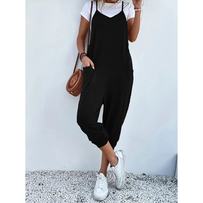 Plus Size 1XL-5XL New Casual Summer Women Loose Sleeveless Strap Wide Leg Jumpsuit with Pockets Comfortable Breathable Clothing