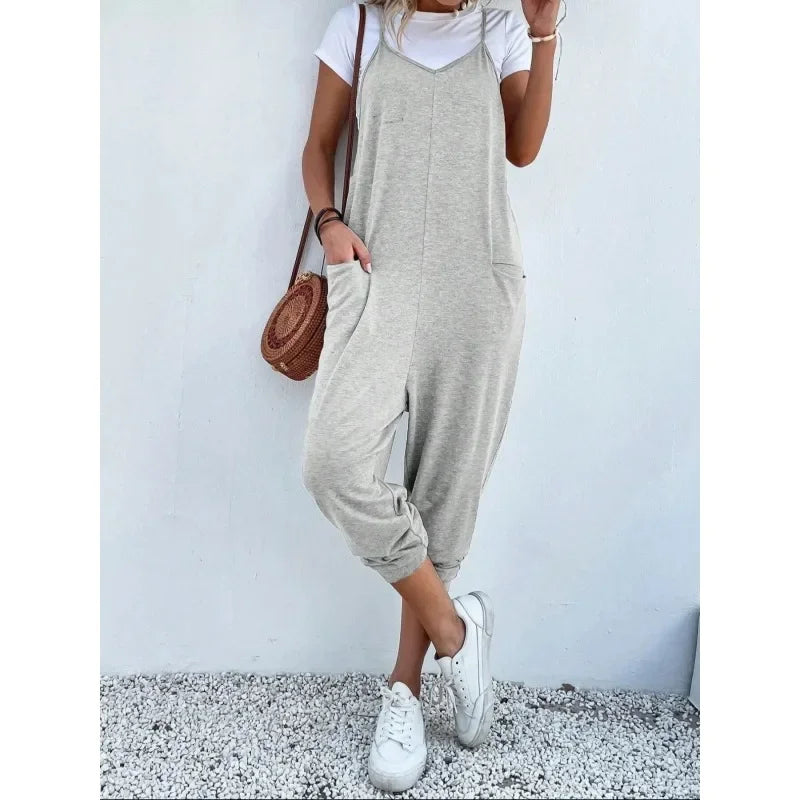 Plus Size 1XL-5XL New Casual Summer Women Loose Sleeveless Strap Wide Leg Jumpsuit with Pockets Comfortable Breathable Clothing