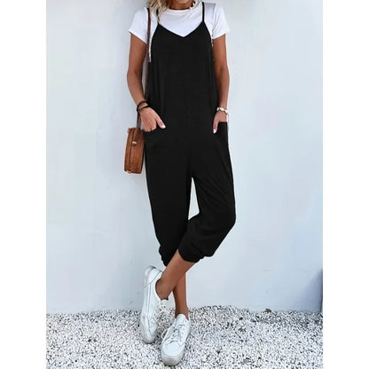 Plus Size 1XL-5XL New Casual Summer Women Loose Sleeveless Strap Wide Leg Jumpsuit with Pockets Comfortable Breathable Clothing
